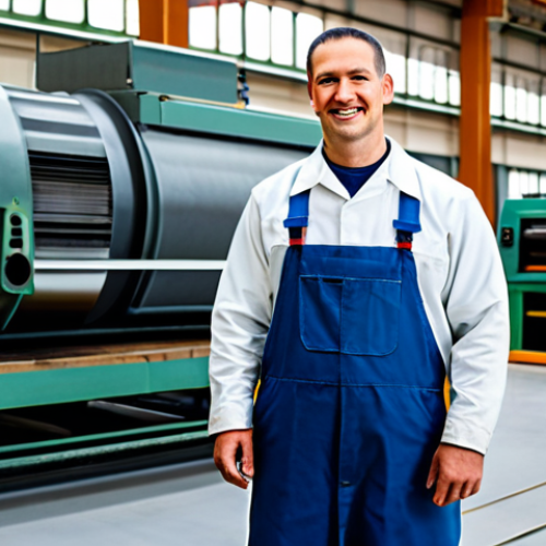 A professional male worker in a modest, durable, historical work uniform, standing with dignity on a factory floor. The setting shows a large, well-maintained industrial machine and clean production lines in the background, implying efficiency and structure. The worker is fully clothed, in appropriate attire, displaying perfect anatomy, correct proportions, well-formed hands, and a natural pose. The image adheres to professional dress standards, ensuring safe for work and family-friendly content. It is a professional photograph, high quality, appropriate content, modest.
