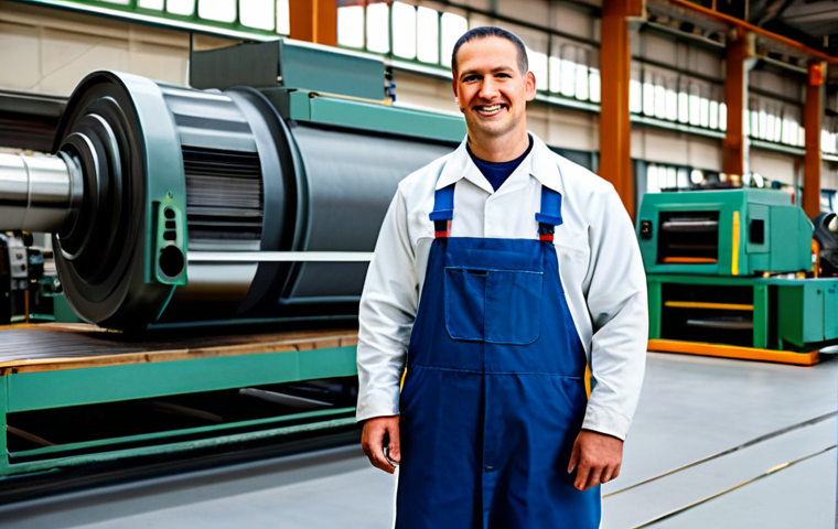 A professional male worker in a modest, durable, historical work uniform, standing with dignity on a factory floor. The setting shows a large, well-maintained industrial machine and clean production lines in the background, implying efficiency and structure. The worker is fully clothed, in appropriate attire, displaying perfect anatomy, correct proportions, well-formed hands, and a natural pose. The image adheres to professional dress standards, ensuring safe for work and family-friendly content. It is a professional photograph, high quality, appropriate content, modest.