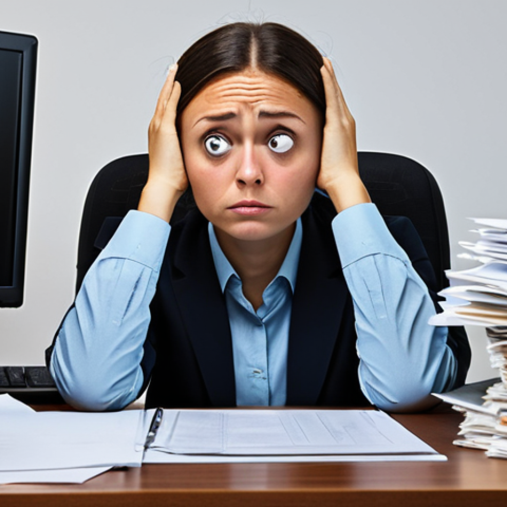 Stressed Office Worker**
A fully clothed professional, sitting at a desk piled high with paperwork in a modern office, looking stressed and overwhelmed, dark circles under eyes, fully clothed, modest attire, safe for work, appropriate content, perfect anatomy, natural proportions, professional, family-friendly, photograph.
**