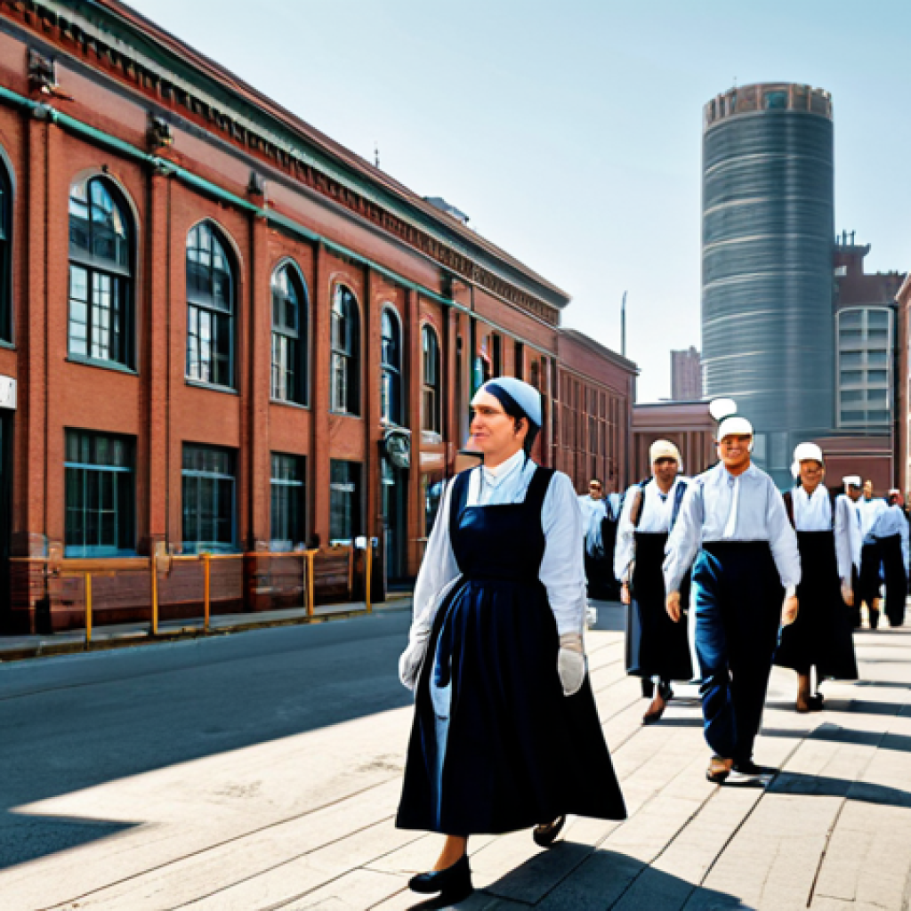 **
"A bustling city scene during the daytime, depicting the rapid industrialization of a nation. Focus on workers, fully clothed in modest, period-appropriate attire, entering a factory. The background showcases a blend of traditional architecture alongside emerging modern buildings. Include subtle imagery representing the changing roles of women in the workforce, depicted in professional and respectful clothing. Safe for work, appropriate content, perfect anatomy, natural proportions, high quality, professional."
**
