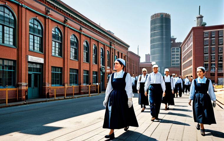 **

"A bustling city scene during the daytime, depicting the rapid industrialization of a nation. Focus on workers, fully clothed in modest, period-appropriate attire, entering a factory. The background showcases a blend of traditional architecture alongside emerging modern buildings. Include subtle imagery representing the changing roles of women in the workforce, depicted in professional and respectful clothing. Safe for work, appropriate content, perfect anatomy, natural proportions, high quality, professional."

**