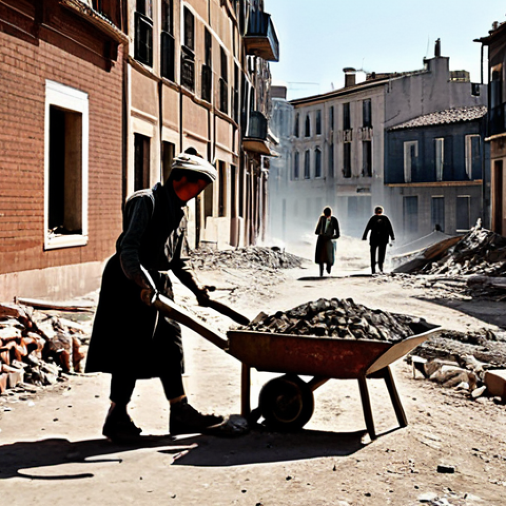 일제하 고용 시장의 구조 - **Title: Rebuilding from Rubble: Post-War Spanish Reconstruction**
A gritty, wide-angle shot of ...