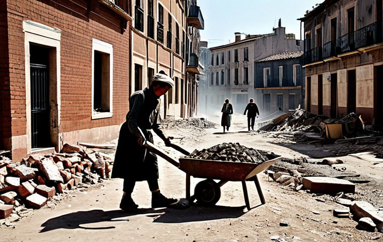 일제하 고용 시장의 구조 - **Title: Rebuilding from Rubble: Post-War Spanish Reconstruction**
A gritty, wide-angle shot of ...
