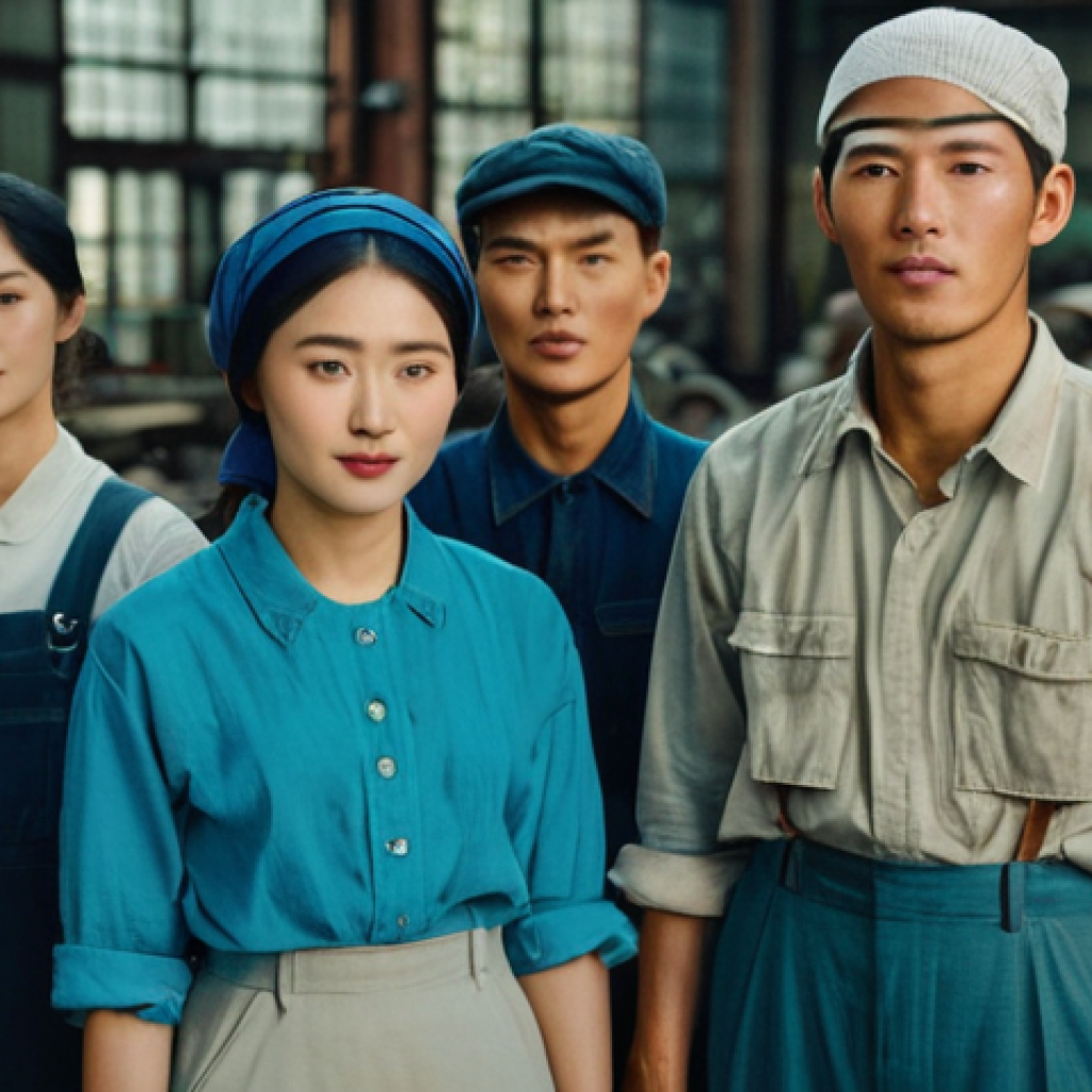 일제하 한국인 노동자의 단체 행동 - **Prompt:** A group of Korean workers, both male and female, in a historical factory setting from th...