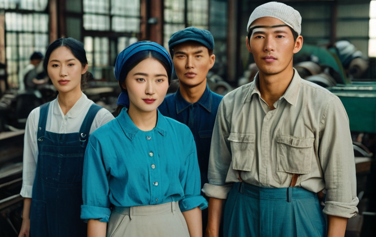 일제하 한국인 노동자의 단체 행동 - **Prompt:** A group of Korean workers, both male and female, in a historical factory setting from th...