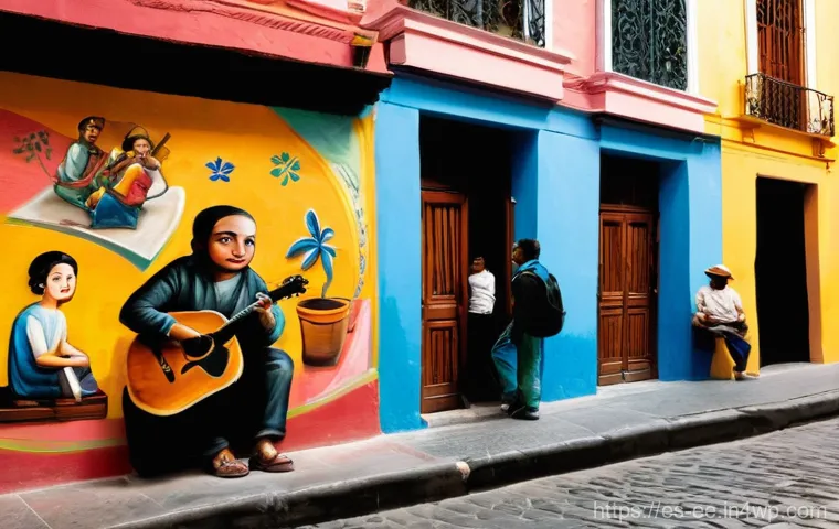 일제 근무의 기억과 재현 - **Prompt:** A vibrant street scene in a historic Latin American city, reminiscent of San Telmo in Bu...