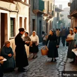 Home 20 일제 강점기 한국인 근로자의 자아 정체성 - A vibrant scene of a close-knit community in a Spanish neighborhood during the 1940s, showing divers...