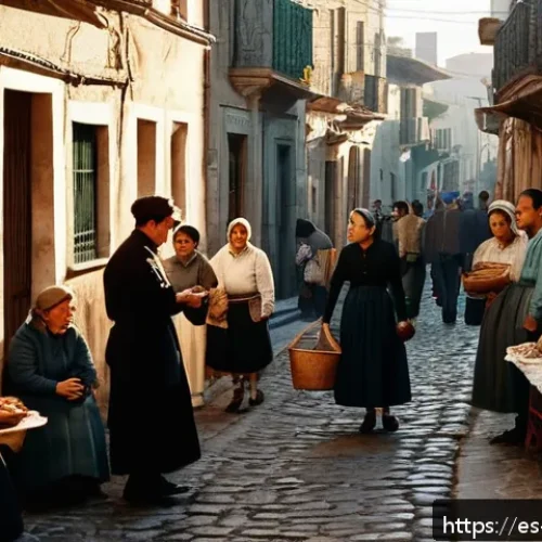 Home 32 일제 강점기 한국인 근로자의 자아 정체성 - A vibrant scene of a close-knit community in a Spanish neighborhood during the 1940s, showing divers...