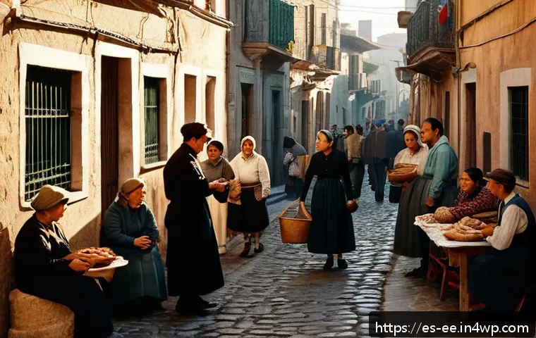 일제 강점기 한국인 근로자의 자아 정체성 - A vibrant scene of a close-knit community in a Spanish neighborhood during the 1940s, showing divers...
