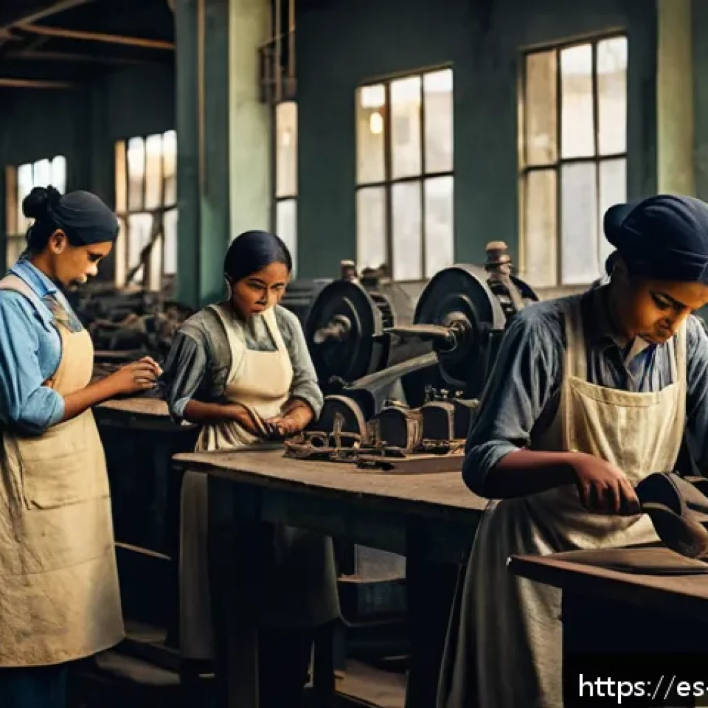 일제 강점기 근로자 권리 보호의 역사 - A detailed historical scene inside a colonial-era factory in Latin America during foreign occupation...