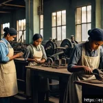 Home 19 일제 강점기 근로자 권리 보호의 역사 - A detailed historical scene inside a colonial-era factory in Latin America during foreign occupation...