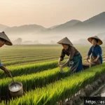 Home 23 일제 강점기 소외된 노동자의 목소리 - A detailed scene depicting Korean agricultural workers during the Japanese occupation, dressed in mo...