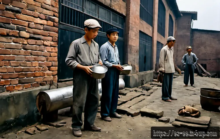 Home 17 일제하 노동자의 인권 문제 - Photorealistic historical documentary scene of exhausted factory workers in 1930s colonial-era East ...