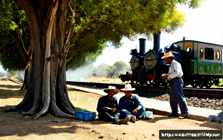 Home 17 일제 강점기 근로자의 휴식과 여가 - Photorealistic historical scene of early 20th-century Mexican railway workers resting beside a rural...