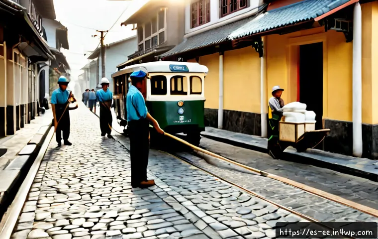 일제 강점기 공공 서비스와 노동 - Photorealistic historical scene of public service labor in 1930s colonial-era East Asia, uniformed s...